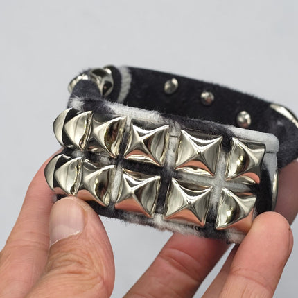 BC112LEOPARD TWO ROW FUZZY LEOPARD  PYRAMID STUDDED BRACELET CUFF
