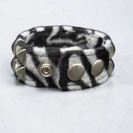BC112LEOPARD TWO ROW FUZZY LEOPARD  PYRAMID STUDDED BRACELET CUFF