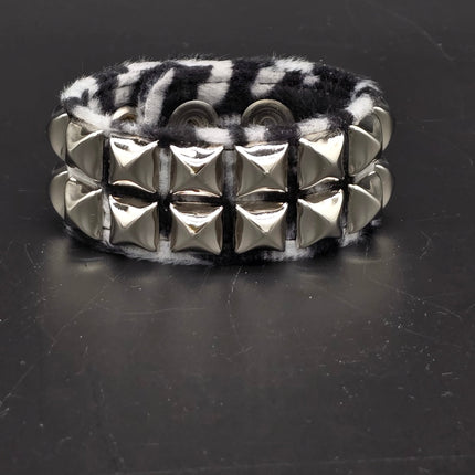 BC112LEOPARD TWO ROW FUZZY LEOPARD  PYRAMID STUDDED BRACELET CUFF
