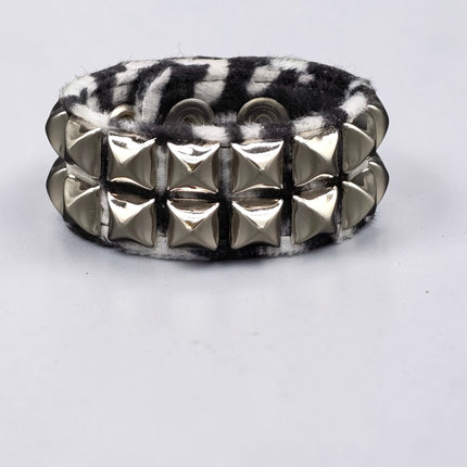 BC112LEOPARD TWO ROW FUZZY LEOPARD  PYRAMID STUDDED BRACELET CUFF