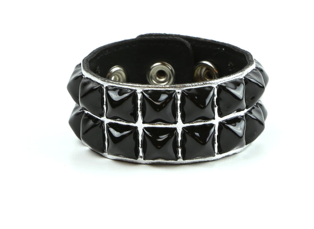 BC112P-SIL-BS SILVER PATENT BLACK PYRAMID STUD BRACELET