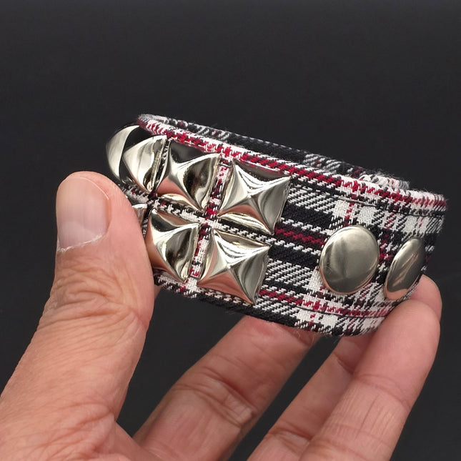 BC112PD PLAID 2 ROW PYRAMID STUDDED BRACELET CUFF