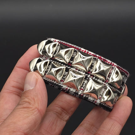 BC112PD PLAID 2 ROW PYRAMID STUDDED BRACELET CUFF