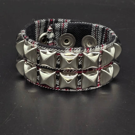 BC112PD PLAID 2 ROW PYRAMID STUDDED BRACELET CUFF