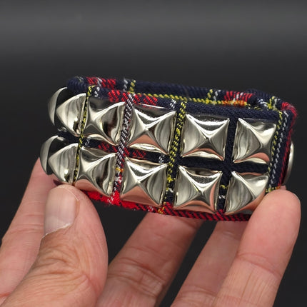 BC112PD PLAID 2 ROW PYRAMID STUDDED BRACELET CUFF