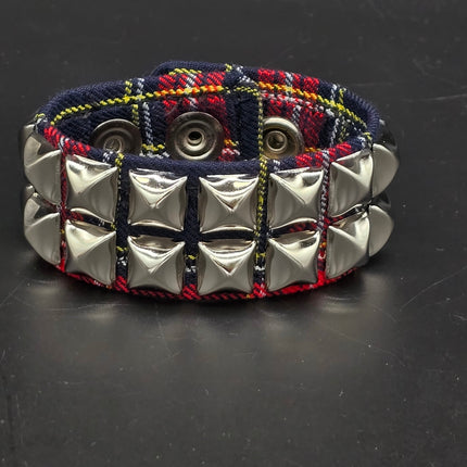 BC112PD PLAID 2 ROW PYRAMID STUDDED BRACELET CUFF