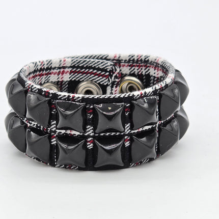 BC112PD-BS  PLAID 2 ROW BLACK PYRAMID STUDDED BRACELET CUFF