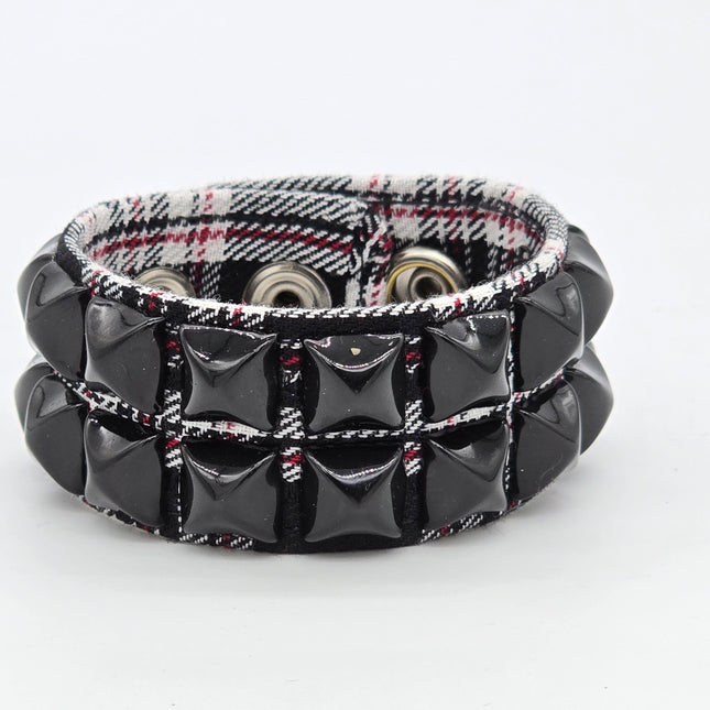 BC112PD-BS  PLAID 2 ROW BLACK PYRAMID STUDDED BRACELET CUFF