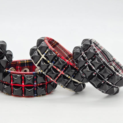 BC112PD-BS  PLAID 2 ROW BLACK PYRAMID STUDDED BRACELET CUFF