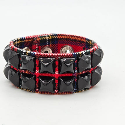 BC112PD-BS  PLAID 2 ROW BLACK PYRAMID STUDDED BRACELET CUFF