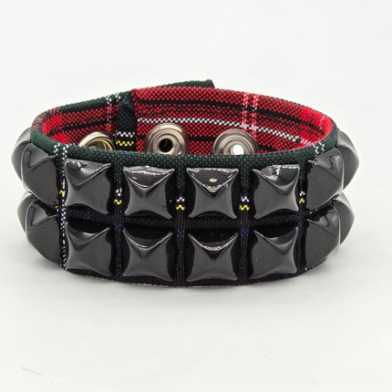 BC112PD-BS  PLAID 2 ROW BLACK PYRAMID STUDDED BRACELET CUFF