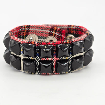 BC112PD-BS  PLAID 2 ROW BLACK PYRAMID STUDDED BRACELET CUFF