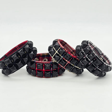 BC112PD-BS  PLAID 2 ROW BLACK PYRAMID STUDDED BRACELET CUFF