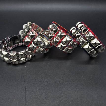 BC112PD PLAID 2 ROW PYRAMID STUDDED BRACELET CUFF