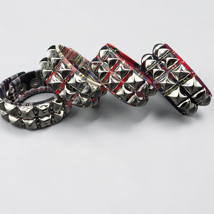 BC112PD PLAID 2 ROW PYRAMID STUDDED BRACELET CUFF