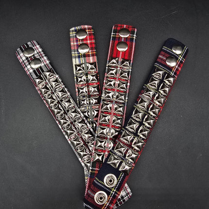 BC112PD PLAID 2 ROW PYRAMID STUDDED BRACELET CUFF