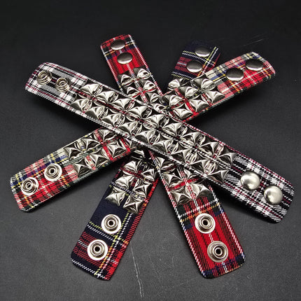 BC112PD PLAID 2 ROW PYRAMID STUDDED BRACELET CUFF