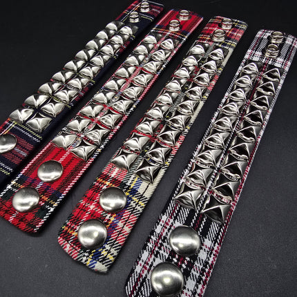 BC112PD PLAID 2 ROW PYRAMID STUDDED BRACELET CUFF