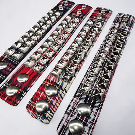 BC112PD PLAID 2 ROW PYRAMID STUDDED BRACELET CUFF