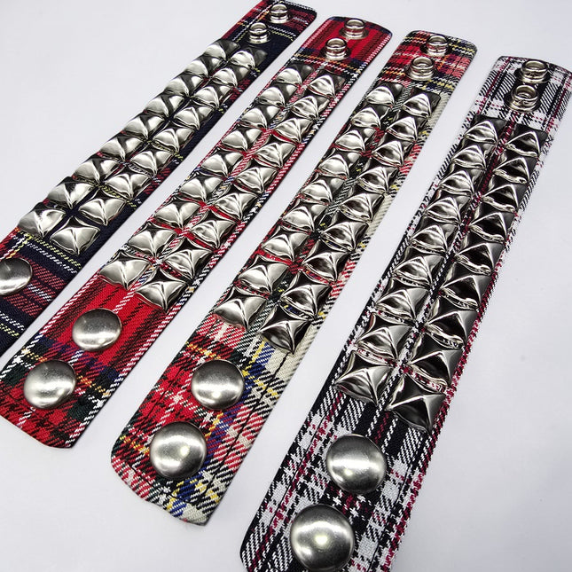 BC112PD PLAID 2 ROW PYRAMID STUDDED BRACELET CUFF