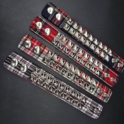 BC112PD PLAID 2 ROW PYRAMID STUDDED BRACELET CUFF