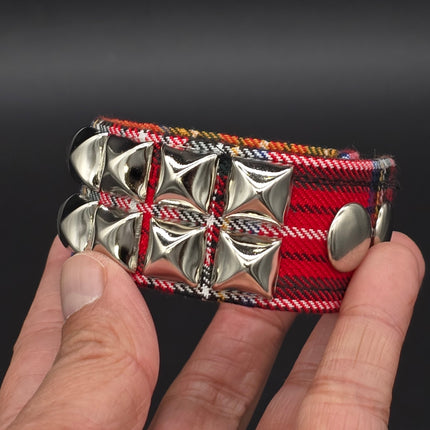 BC112PD PLAID 2 ROW PYRAMID STUDDED BRACELET CUFF