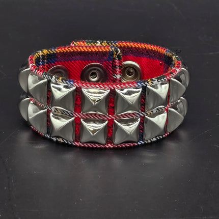 BC112PD PLAID 2 ROW PYRAMID STUDDED BRACELET CUFF