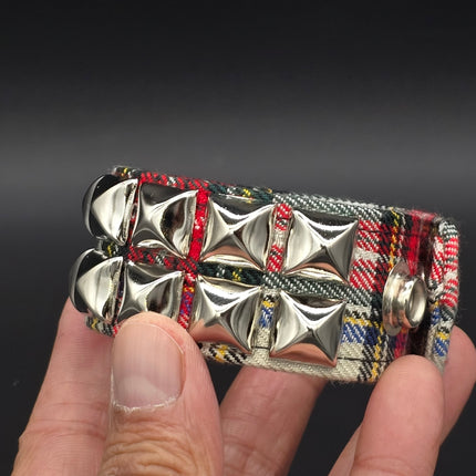 BC112PD PLAID 2 ROW PYRAMID STUDDED BRACELET CUFF