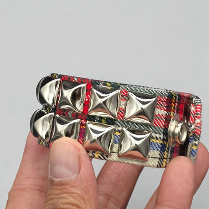 BC112PD PLAID 2 ROW PYRAMID STUDDED BRACELET CUFF