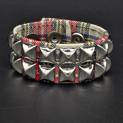 BC112PD PLAID 2 ROW PYRAMID STUDDED BRACELET CUFF