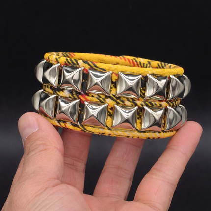BC112PD PLAID 2 ROW PYRAMID STUDDED BRACELET CUFF