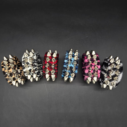 BC112UK77 LEOPARD TWO ROW FUZZY LEOPARD UK77  STUDDED BRACELET CUFF