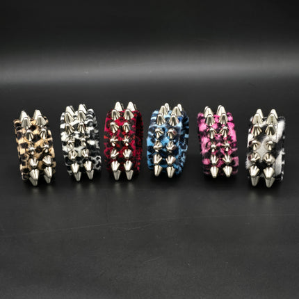BC112UK77 LEOPARD TWO ROW FUZZY LEOPARD UK77  STUDDED BRACELET CUFF
