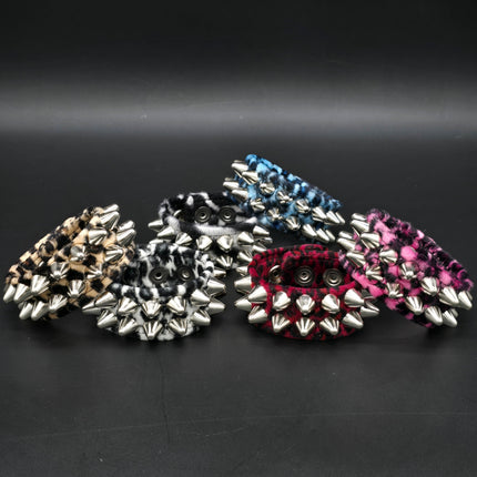 BC112UK77 LEOPARD TWO ROW FUZZY LEOPARD UK77  STUDDED BRACELET CUFF