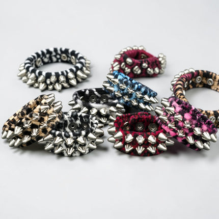 BC112UK77 LEOPARD TWO ROW FUZZY LEOPARD UK77  STUDDED BRACELET CUFF