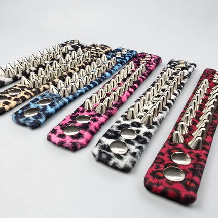 BC112UK77 LEOPARD TWO ROW FUZZY LEOPARD UK77  STUDDED BRACELET CUFF