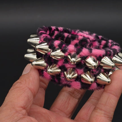 BC112UK77 LEOPARD TWO ROW FUZZY LEOPARD UK77  STUDDED BRACELET CUFF