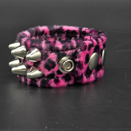 BC112UK77 LEOPARD TWO ROW FUZZY LEOPARD UK77  STUDDED BRACELET CUFF
