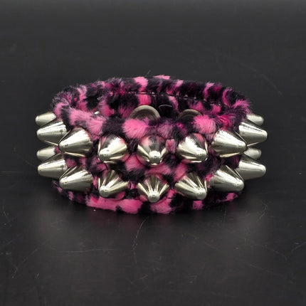 BC112UK77 LEOPARD TWO ROW FUZZY LEOPARD UK77  STUDDED BRACELET CUFF