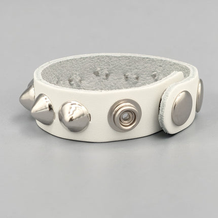 WHITE LEATHER 1/2" CONICAL STUD STUD BRACELET
