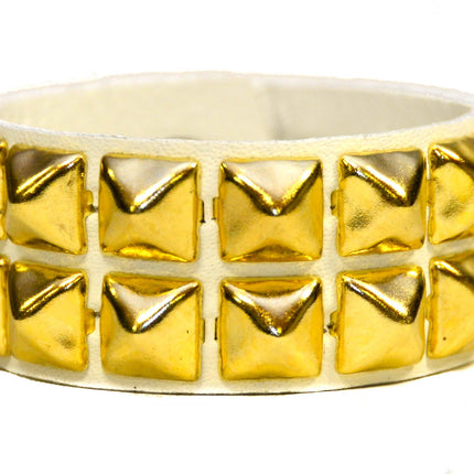 BC112WHT 2 ROW 1/2" BLACK PYRAMID STUD WHITE LEATHER BRACELET