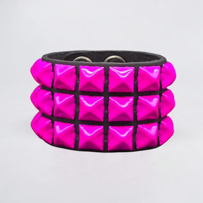 BC127 3 ROW 1/2" COLOR PYRAMID STUD SNAP BRACELET GENUINE LEATHER
