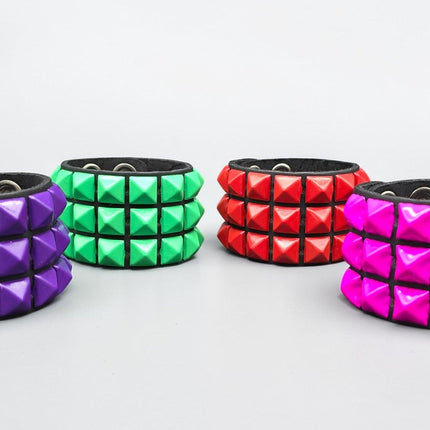 BC127 3 ROW 1/2" COLOR PYRAMID STUD SNAP BRACELET GENUINE LEATHER