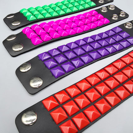 BC127 3 ROW 1/2" COLOR PYRAMID STUD SNAP BRACELET GENUINE LEATHER