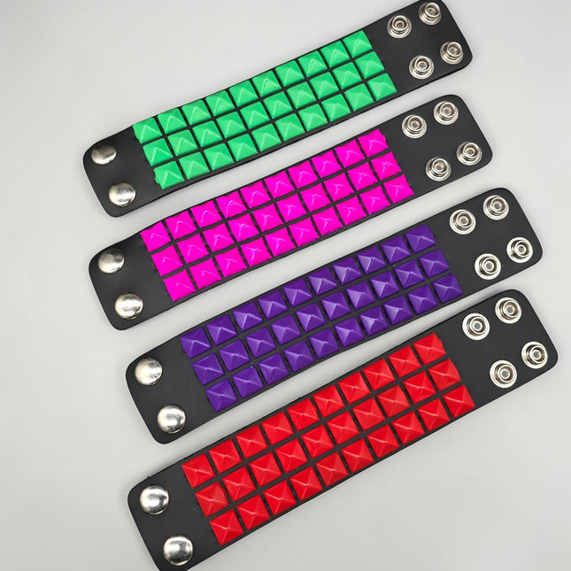 BC127 3 ROW 1/2" COLOR PYRAMID STUD SNAP BRACELET GENUINE LEATHER