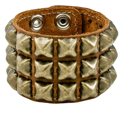 BC127CZ  ANTIQUE 3 ROW  PYRAMID STUD BRACELET CRAZY HORSE LEATHER