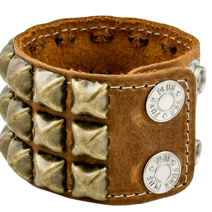 BC127CZ  ANTIQUE 3 ROW  PYRAMID STUD BRACELET CRAZY HORSE LEATHER