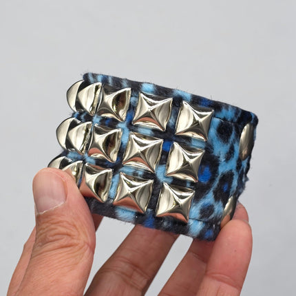 BC127LEOPARD THREE ROW FUZZY LEOPARD  PYRAMID STUDDED BRACELET CUFF