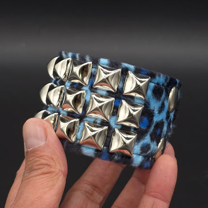 BC127LEOPARD THREE ROW FUZZY LEOPARD  PYRAMID STUDDED BRACELET CUFF