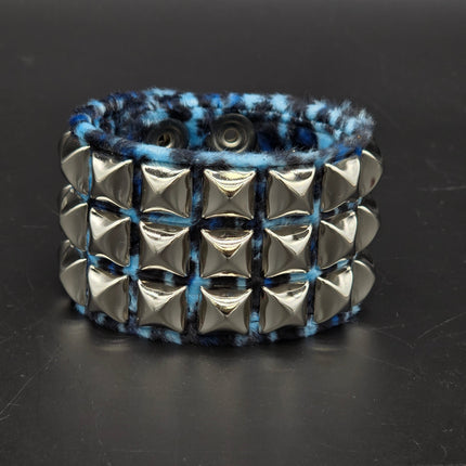 BC127LEOPARD THREE ROW FUZZY LEOPARD  PYRAMID STUDDED BRACELET CUFF